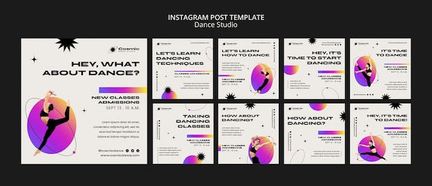 PSD grátis coleção de postagens do instagram de aulas de dança com design gradiente e estrelas