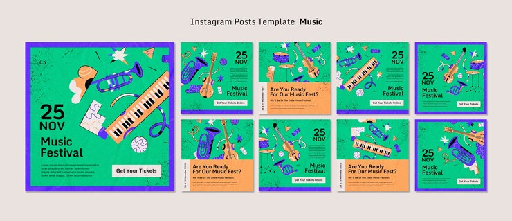 PSD grátis coleção de postagens do instagram de banda de música indie rock