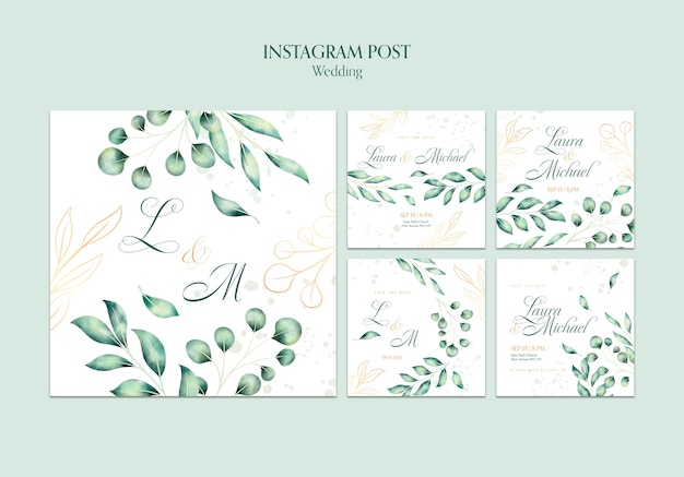 Coleção de postagens do Instagram de casamento em aquarela