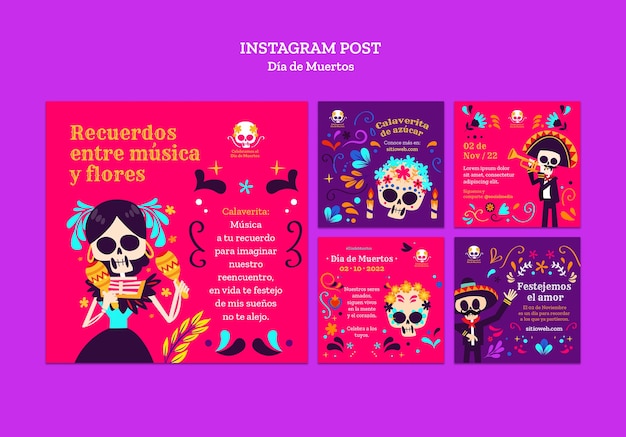 PSD grátis coleção de postagens do instagram de celebração do dia de muertos