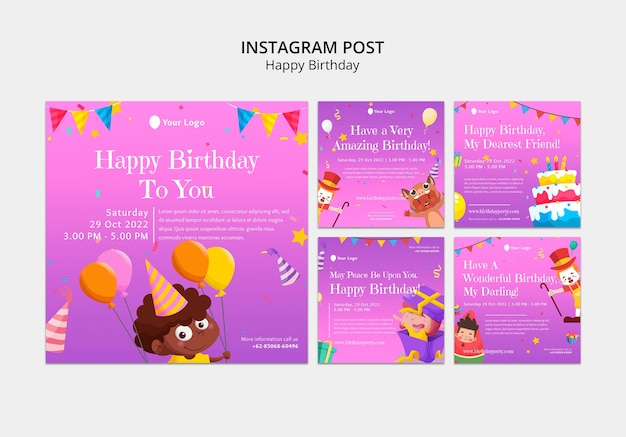 Coleção de postagens do instagram de comemoração de festa de aniversário