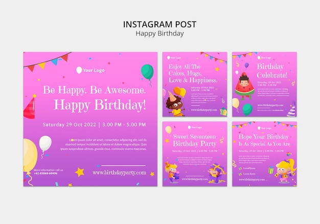 Coleção de postagens do instagram de comemoração de festa de aniversário