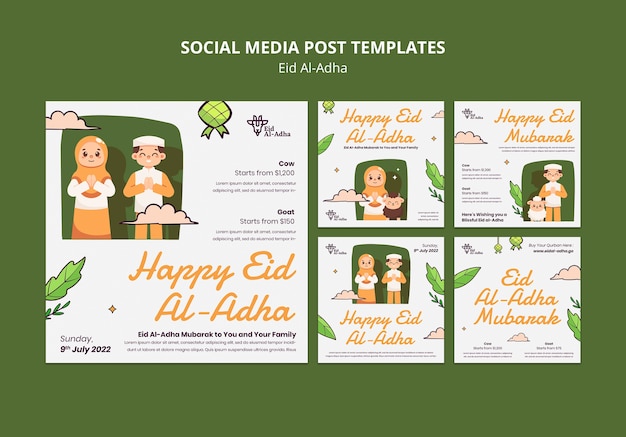 Coleção de postagens do instagram de Eid al-adha com pessoas orando
