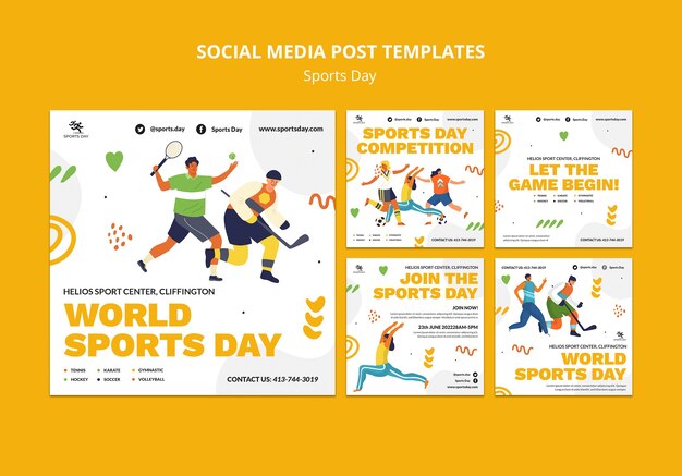 Coleção de postagens do instagram de esportes com pessoas praticando esportes