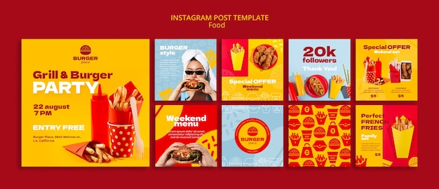 PSD grátis coleção de postagens do instagram de hambúrguer e churrasco