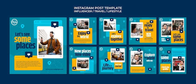 Coleção de postagens do instagram de influenciador de mídia de viagem