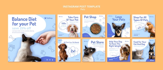 Coleção de postagens do instagram de negócios de loja de alimentos para animais de estimação