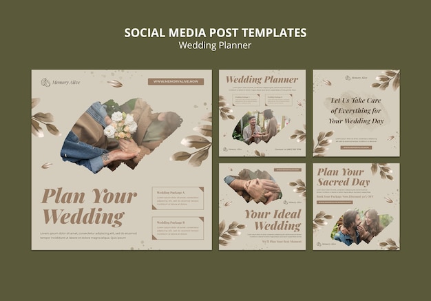 Coleção de postagens do instagram de planejador de casamento com folhas de aquarela
