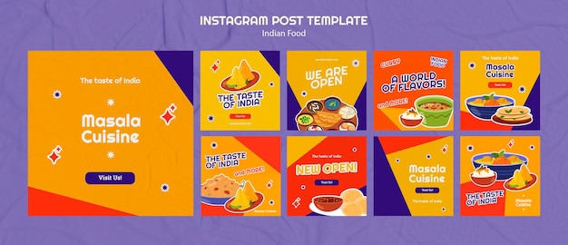 PSD grátis coleção de postagens do instagram de restaurante de comida indiana de tradição
