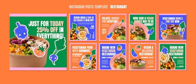 Coleção de postagens do instagram de restaurante vegetariano com legumes