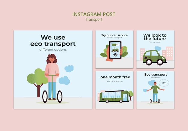 Coleção de postagens do instagram de transporte ecológico e ecológico