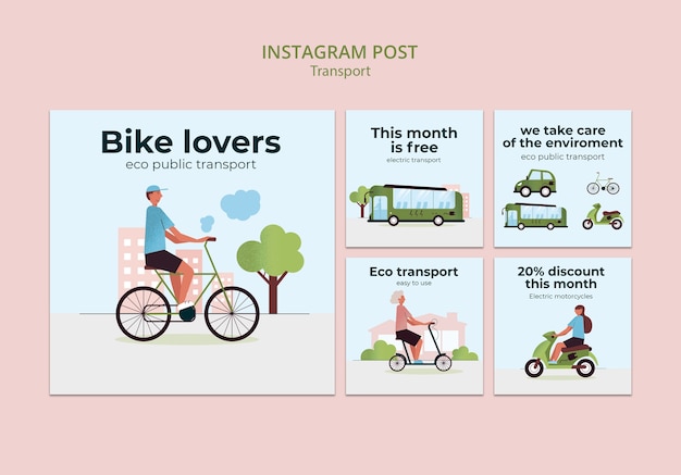 Coleção de postagens do instagram de transporte ecológico e ecológico