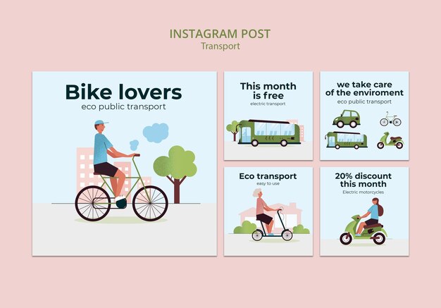 Coleção de postagens do instagram de transporte ecológico e ecológico