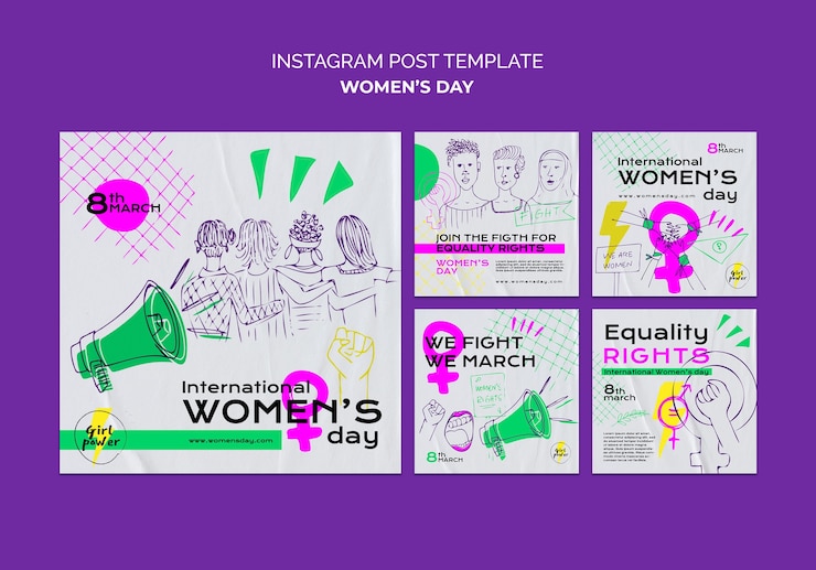 PSD grátis coleção de postagens do instagram desenhadas à mão para a celebração do dia da mulher