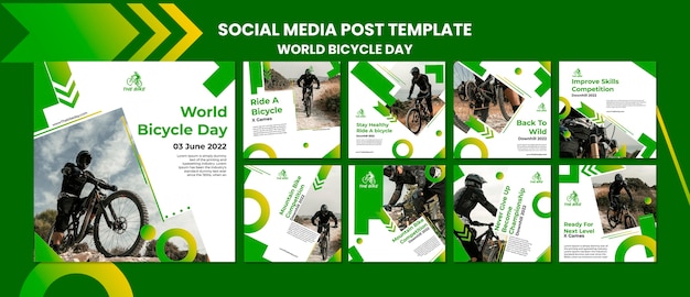 PSD grátis coleção de postagens do instagram do dia mundial da bicicleta com motociclista