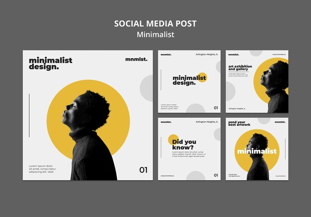 Coleção de postagens do Instagram em estilo minimalista para galeria de arte com homem