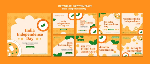 PSD grátis coleção de postagens do instagram para a celebração do dia da independência da índia
