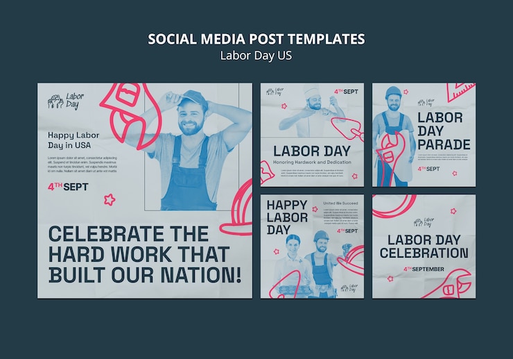 PSD grátis coleção de postagens do instagram para a celebração do dia do trabalho nos eua