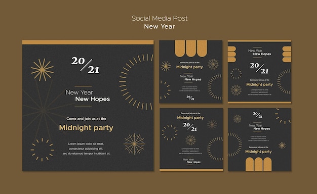 Coleção de postagens do Instagram para a festa da meia-noite de ano novo