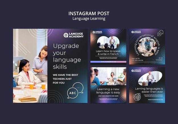 PSD grátis coleção de postagens do instagram para aprendizado de idiomas com formas de linha