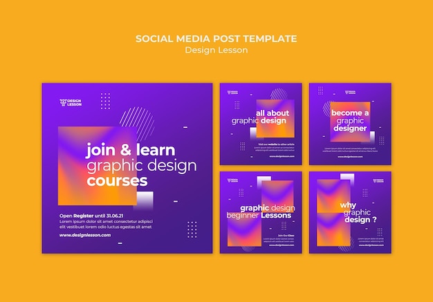 PSD grátis coleção de postagens do instagram para aulas de design gráfico