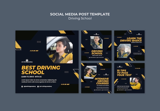 PSD grátis coleção de postagens do instagram para autoescola com motorista feminina
