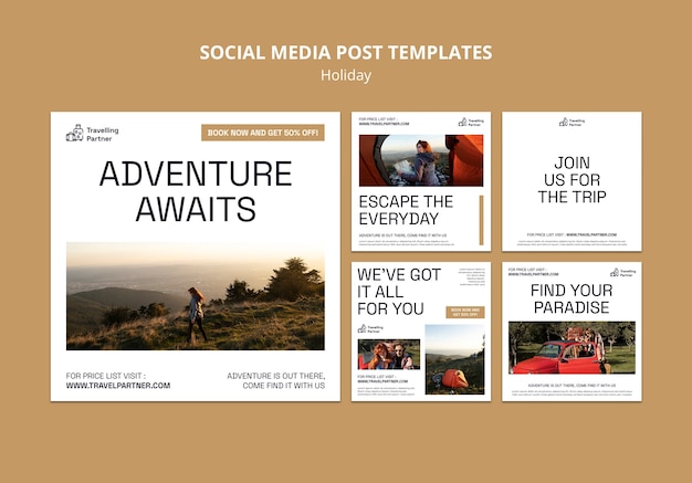 Coleção de postagens do instagram para aventuras e viagens ao ar livre