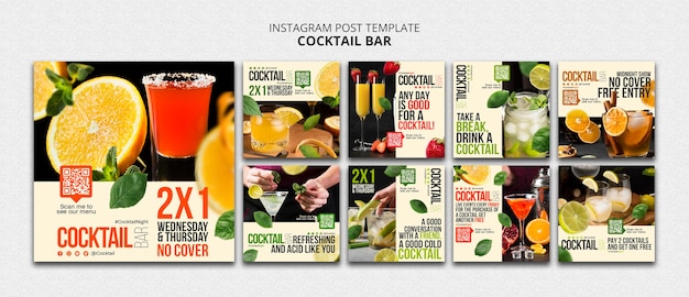 PSD grátis coleção de postagens do instagram para bar de coquetéis