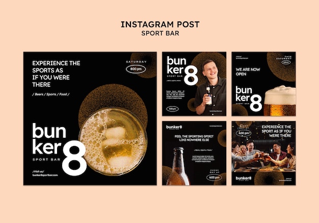 Coleção de postagens do instagram para bar esportivo com cerveja