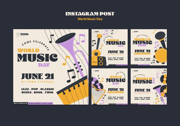 Coleção de postagens do instagram para celebração do dia mundial da música