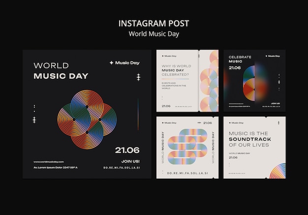 PSD grátis coleção de postagens do instagram para celebração do dia mundial da música
