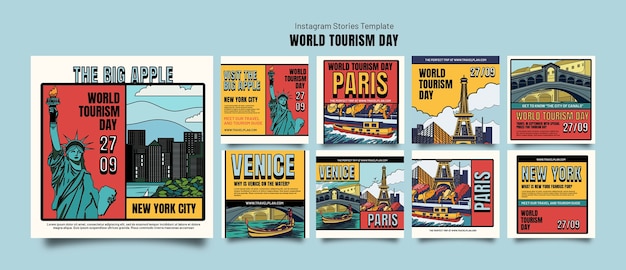 Coleção de postagens do instagram para celebração do dia mundial do turismo