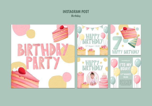 PSD grátis coleção de postagens do instagram para festa de aniversário