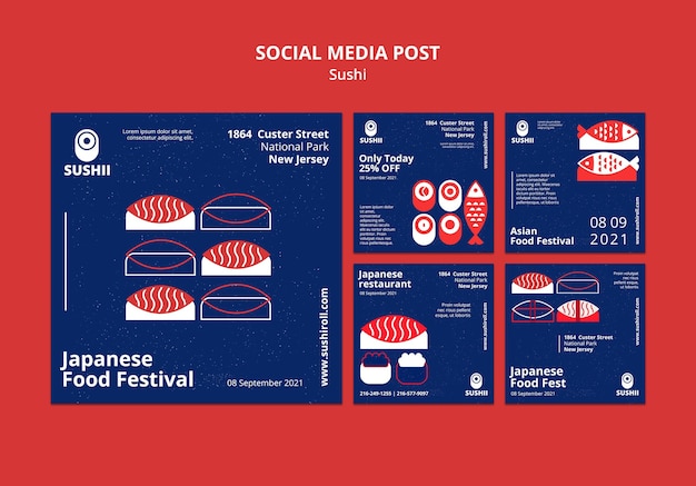 PSD grátis coleção de postagens do instagram para festival de comida japonesa com sushi