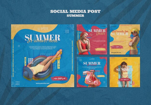 Coleção de postagens do Instagram para liquidação de verão com mulher
