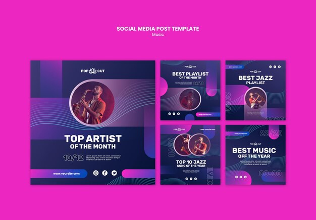 Coleção de postagens do Instagram para música com músico de jazz e saxofone