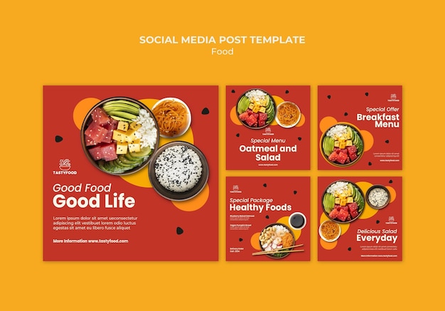 PSD grátis coleção de postagens do instagram para restaurante com tigela de comida saudável