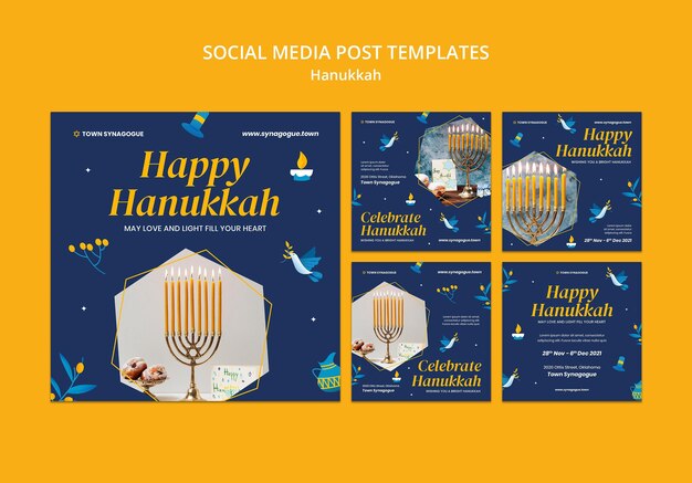 Coleção de postagens festivas de hanukkah nas redes sociais