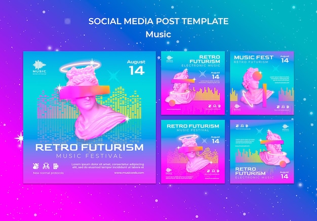 PSD grátis coleção de postagens retro futuristas do instagram para o festival de música