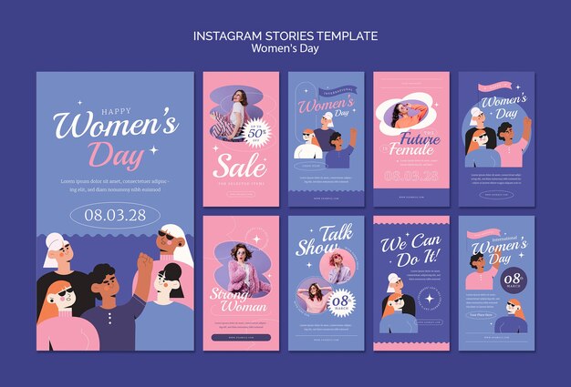 Coleção plana de histórias do instagram para celebração do dia da mulher