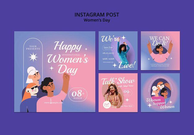 Coleção plana de postagens do instagram para celebração do dia da mulher