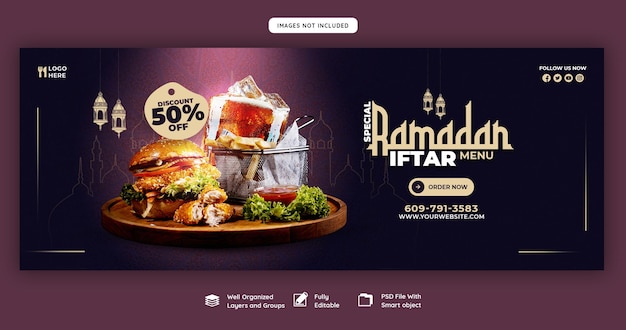 PSD grátis comida especial do ramadã kareem e menu iftar modelo de banner de capa do facebook