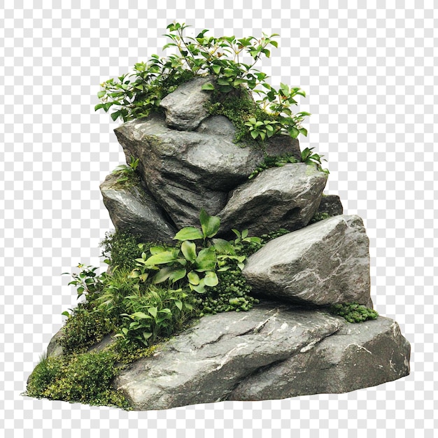 Composição de rochas e vegetação Uma impressionante renderização 3D de uma formação rochosa adornada com vegetação exuberante Perfeita para projetos de paisagismo, visualizações arquitetônicas e projetos inspirados na natureza