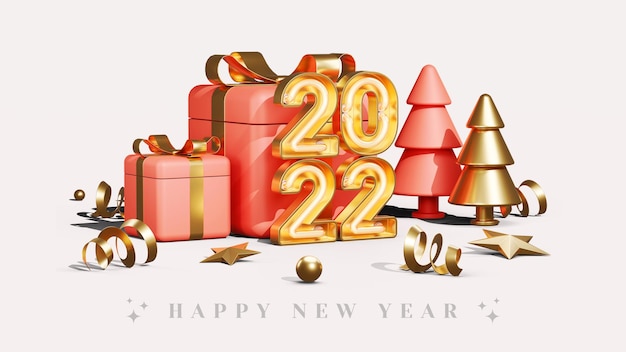 Conceito criativo feliz ano novo de 2022 com ilustrações de renderização em 3d