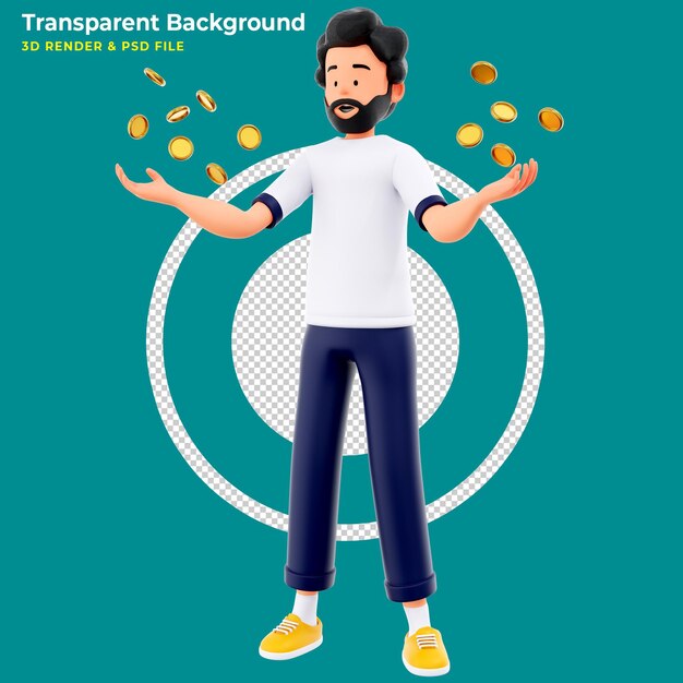 conceito de empresário de personagem masculino 3d com riqueza de ouro jovem empreendedor joga no lucro da bolsa de valores O empresário está brincando com dinheiro