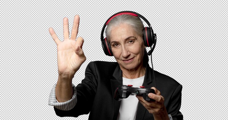 PSD grátis conceito de mulher bonita de meia-idade gamer