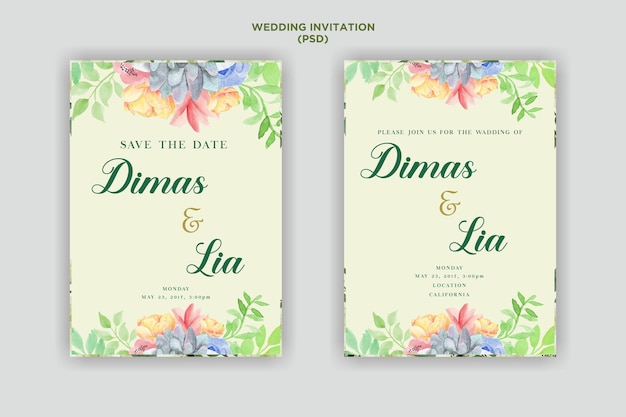 Conjunto de cartão de convite de casamento floral aquarela suave