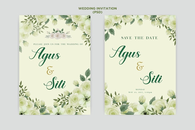 Conjunto de cartão de convite de casamento floral aquarela suave