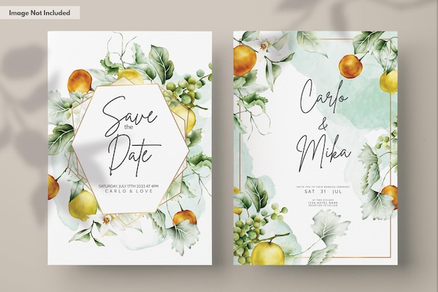PSD grátis conjunto de cartões de convite de casamento com limão e flores