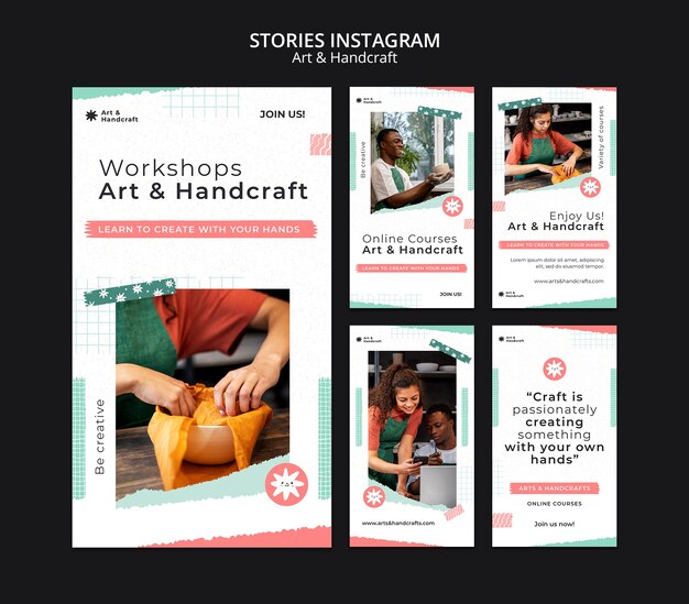Conjunto de histórias do instagram de artes mínimas e artesanato